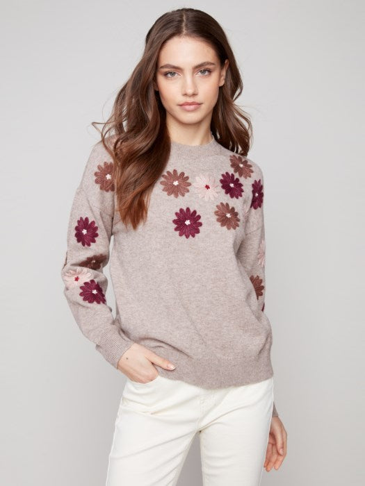 Charlie B Floral Yarn Embroidery Crew Neck Sweater