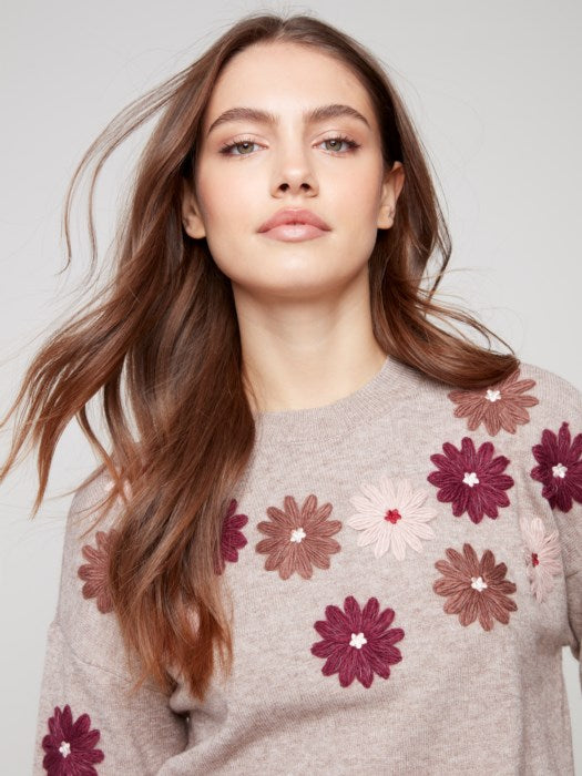 Charlie B Floral Yarn Embroidery Crew Neck Sweater