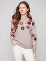 Charlie B Floral Yarn Embroidery Crew Neck Sweater