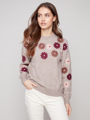Charlie B Floral Yarn Embroidery Crew Neck Sweater