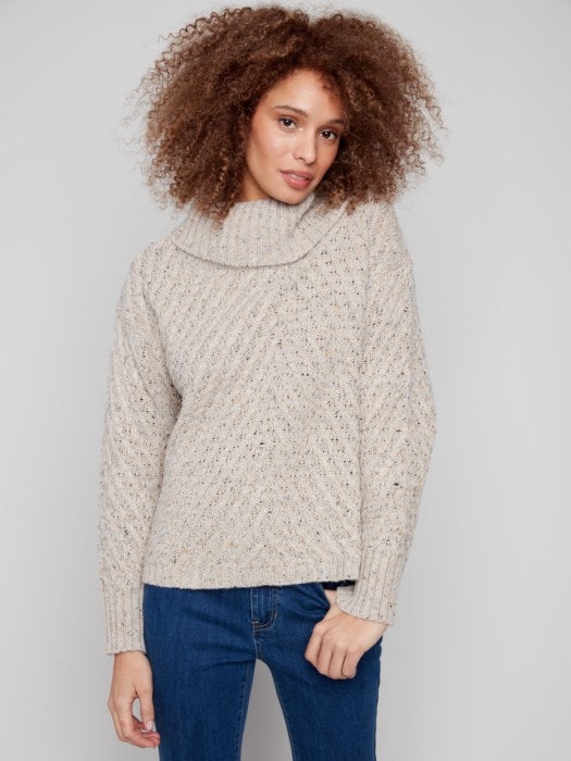 Charlie B Ribbed Cowl Neck Diagonal Cable Sweater - Oat