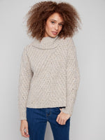 Charlie B Ribbed Cowl Neck Diagonal Cable Sweater - Oat