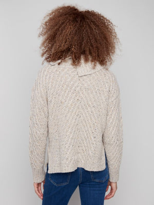 Charlie B Ribbed Cowl Neck Diagonal Cable Sweater - Oat
