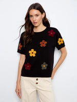 Charlie B Cotton Floral Embroidered Short Sleeve Sweater - Black