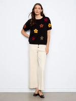 Charlie B Cotton Floral Embroidered Short Sleeve Sweater - Black