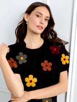 Charlie B Cotton Floral Embroidered Short Sleeve Sweater - Black