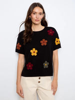 Charlie B Cotton Floral Embroidered Short Sleeve Sweater - Black