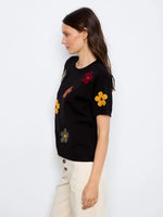 Charlie B Cotton Floral Embroidered Short Sleeve Sweater - Black