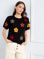 Charlie B Cotton Floral Embroidered Short Sleeve Sweater - Black