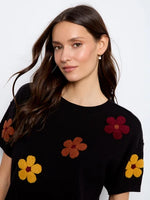 Charlie B Cotton Floral Embroidered Short Sleeve Sweater - Black