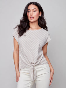 Charlie B Front Tie Knot Linen Top with Cap Sleeve - Natural