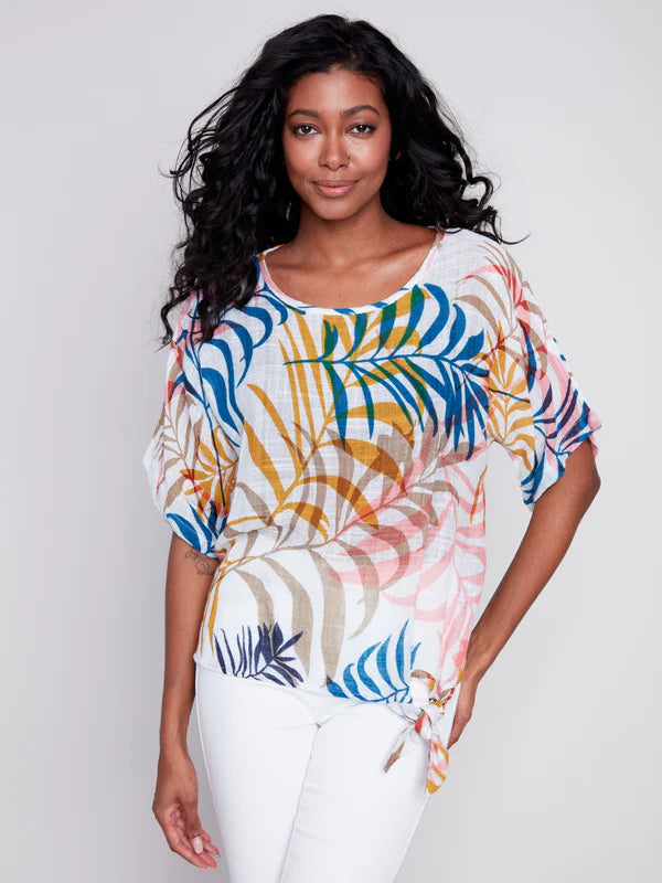 Charlie B Cotton Gauze Side Tie Dolman Sleeve Blouse - Leaf