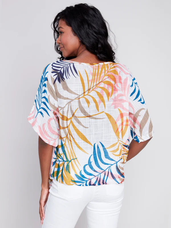 Charlie B Cotton Gauze Side Tie Dolman Sleeve Blouse - Leaf