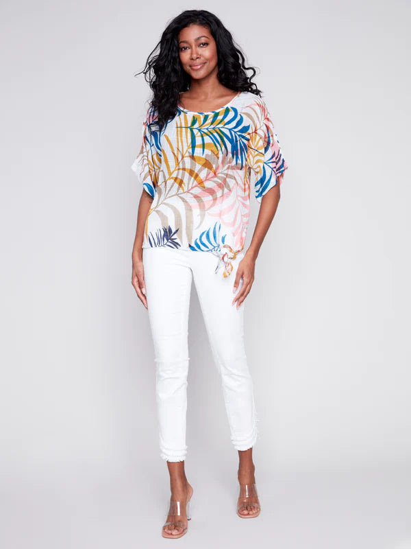 Charlie B Cotton Gauze Side Tie Dolman Sleeve Blouse - Leaf