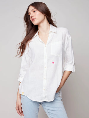 Charlie B Linen Blouse with Star Print Back