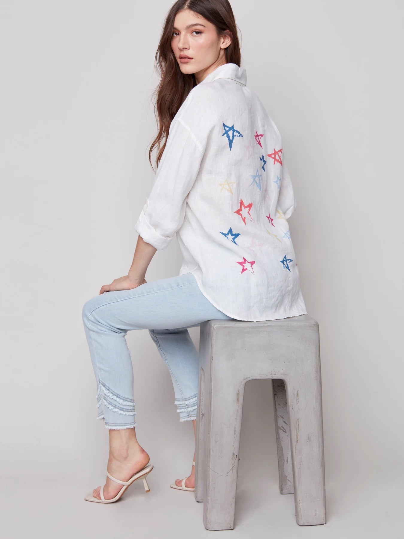 Charlie B Linen Blouse with Star Print Back