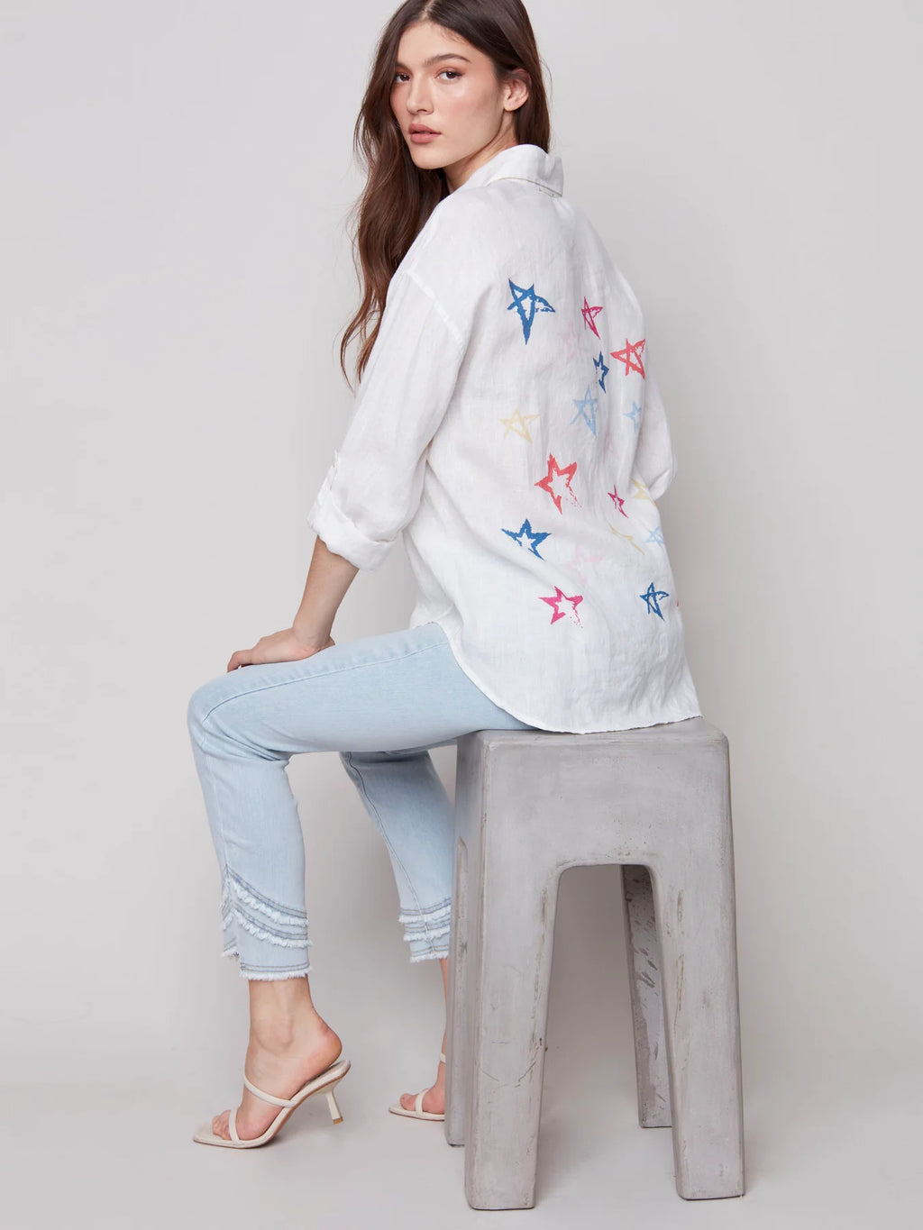 Charlie B Linen Blouse with Star Print Back