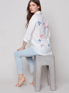Charlie B Linen Blouse with Star Print Back