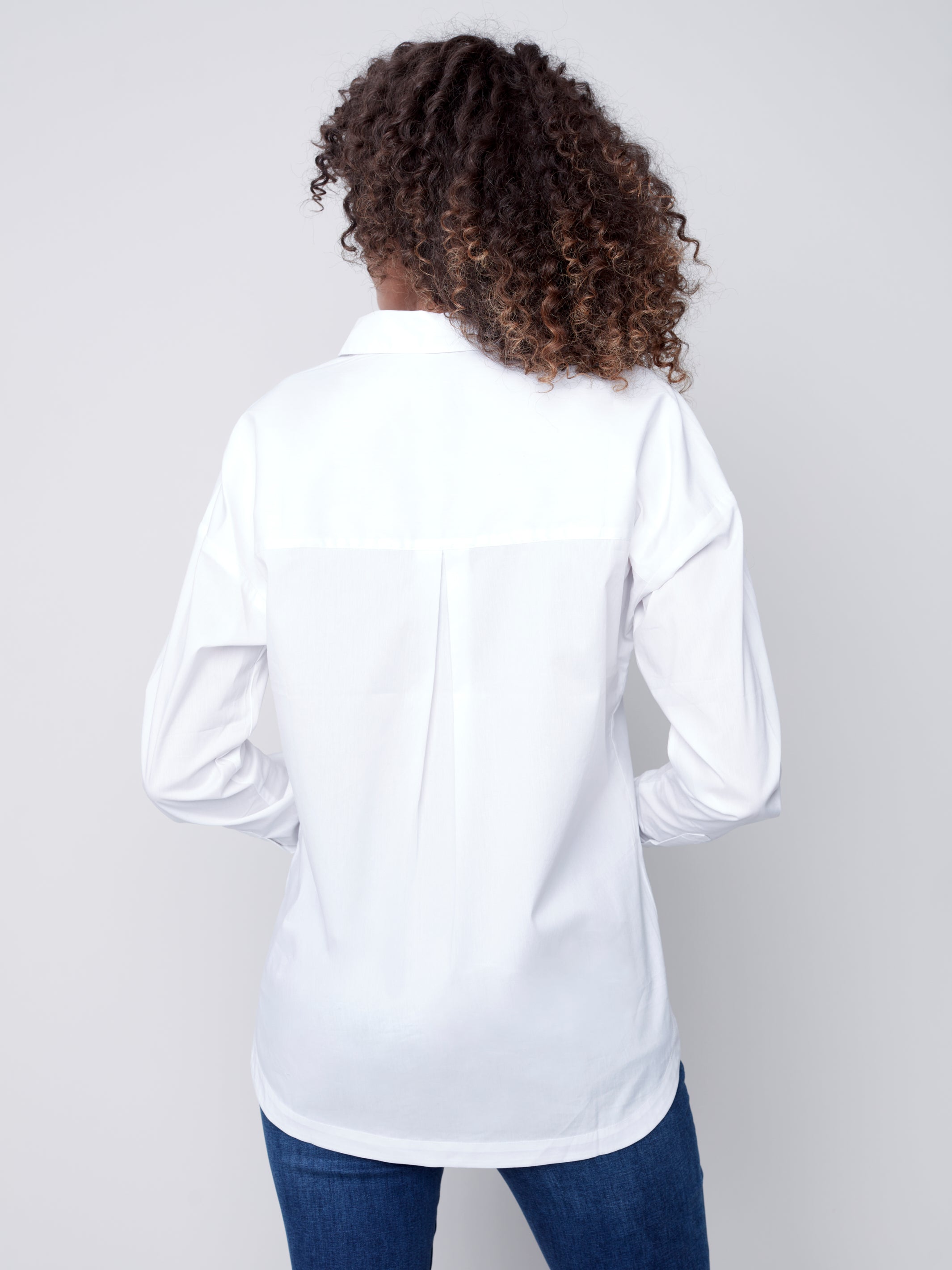 Charlie B Drop Shoulder White Poplin Shirt with Rounded Hem