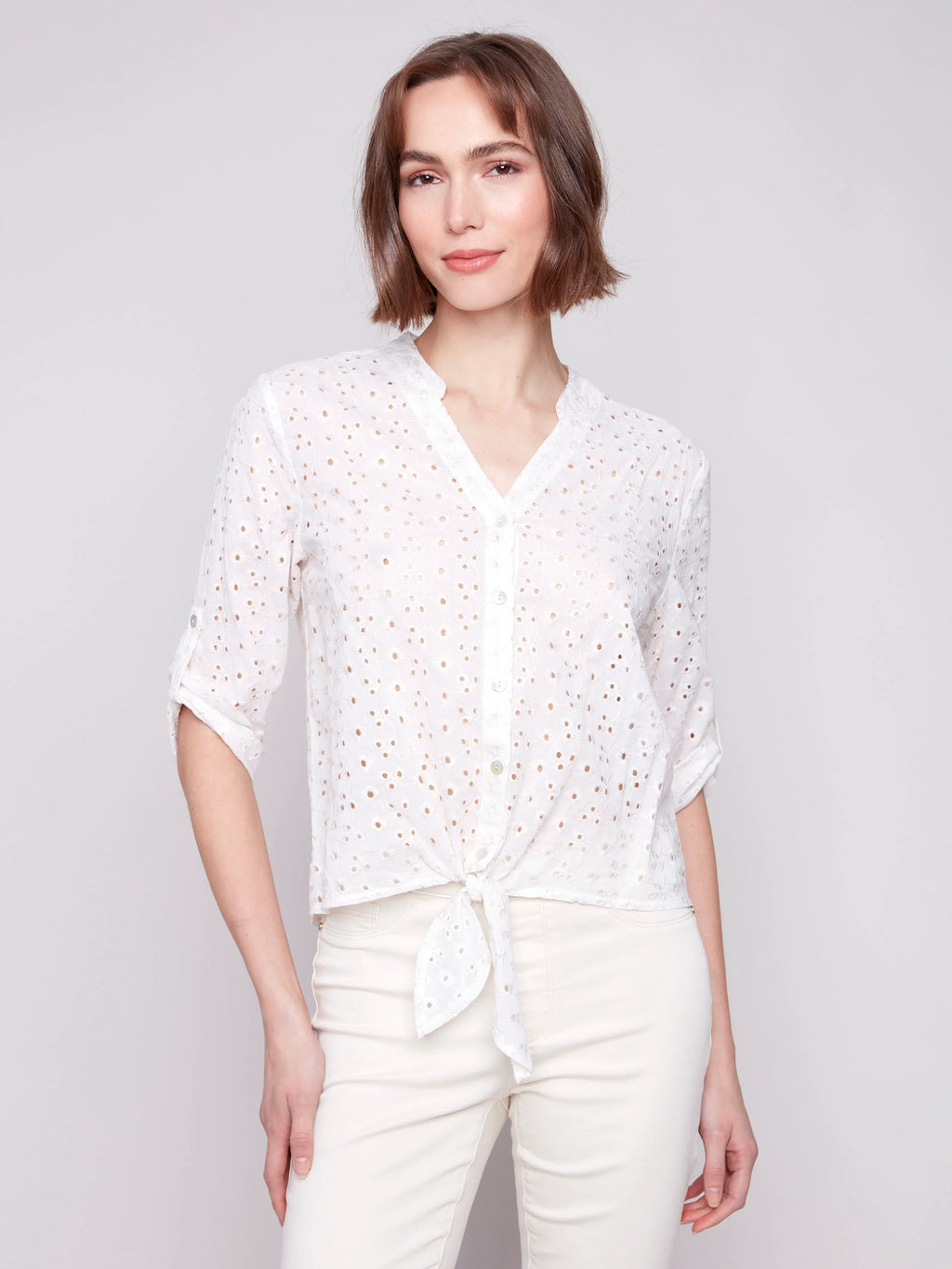 Charlie B Eyelet Embroidered Cotton Button-Down Blouse with Front Knot Tie