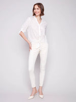Charlie B Eyelet Embroidered Cotton Button-Down Blouse with Front Knot Tie