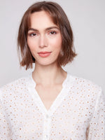 Charlie B Eyelet Embroidered Cotton Button-Down Blouse with Front Knot Tie
