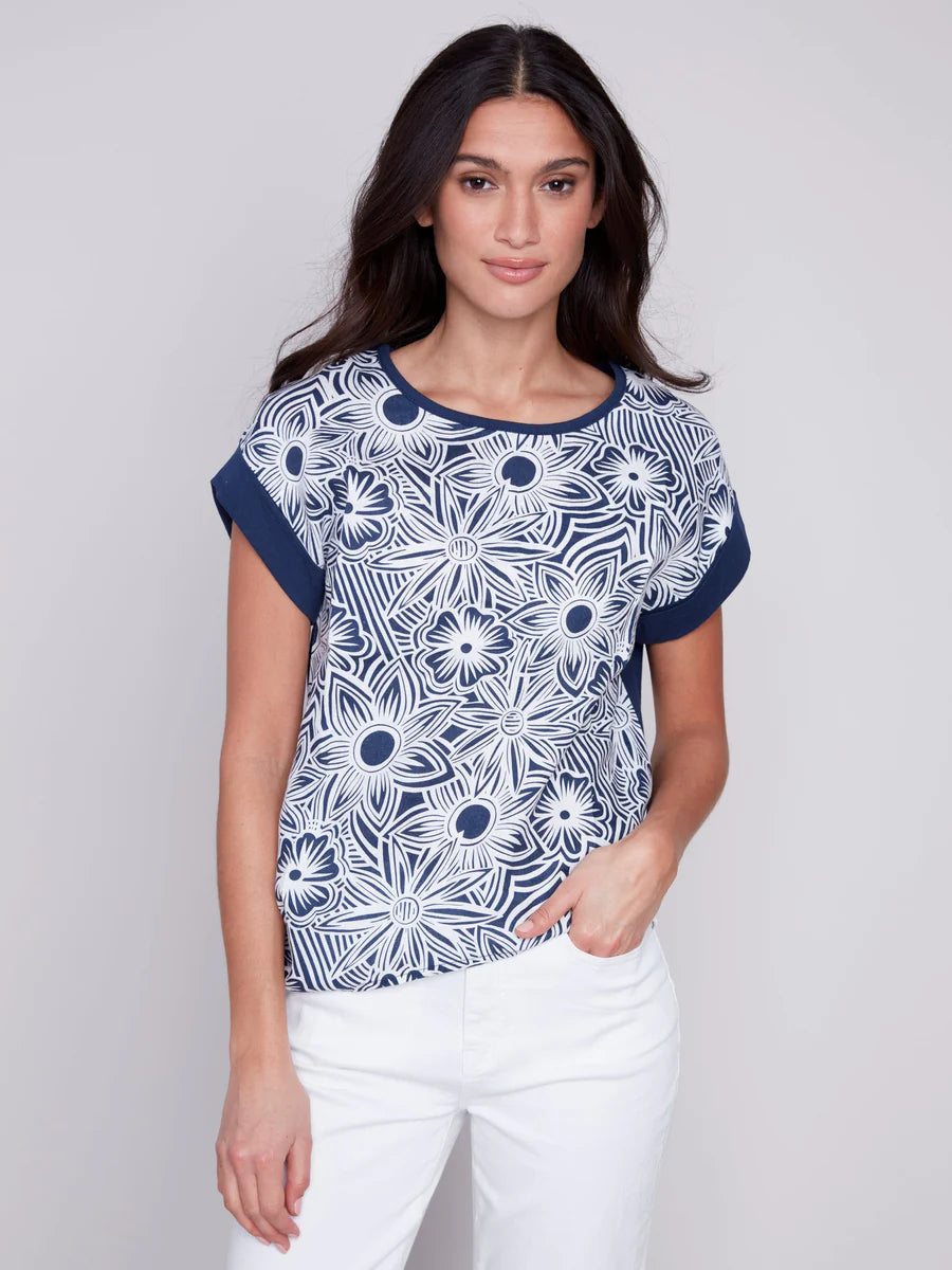Charlie B Linen Knit Combo Top with Side Knot Tie - Navy