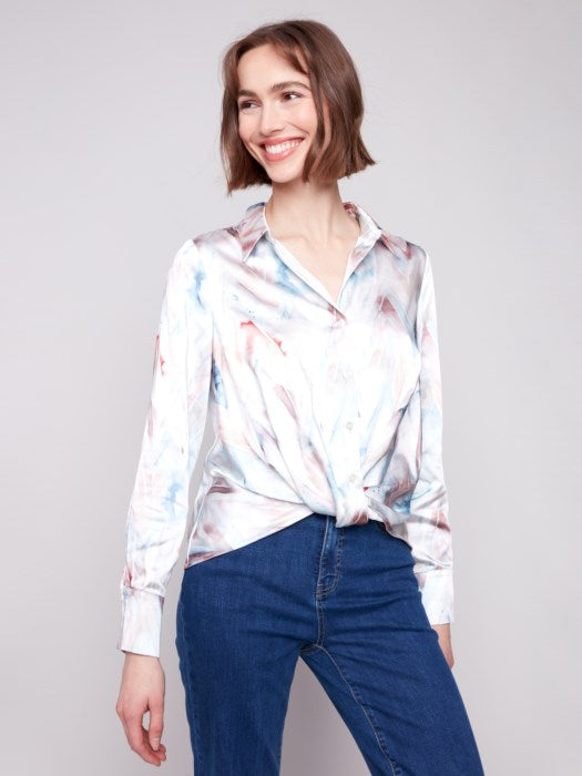 Charlie B Printed Satin Button-Down Shirt With Twisted Front