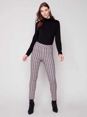 Charlie B Pull-On Plaid Ankle Pant - Ruby