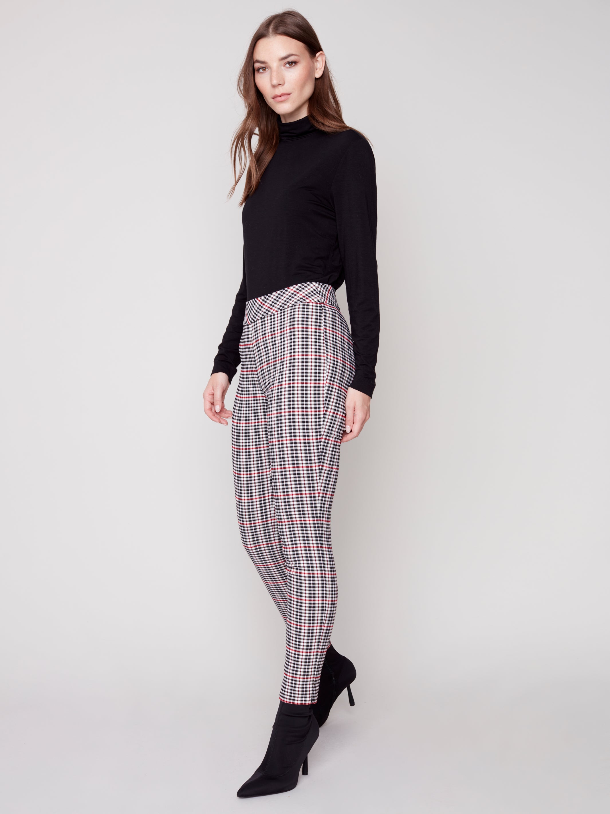 Charlie B Pull-On Plaid Ankle Pant - Ruby