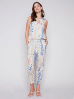 Charlie B Printed Sleeveless Linen Top with Button Detail