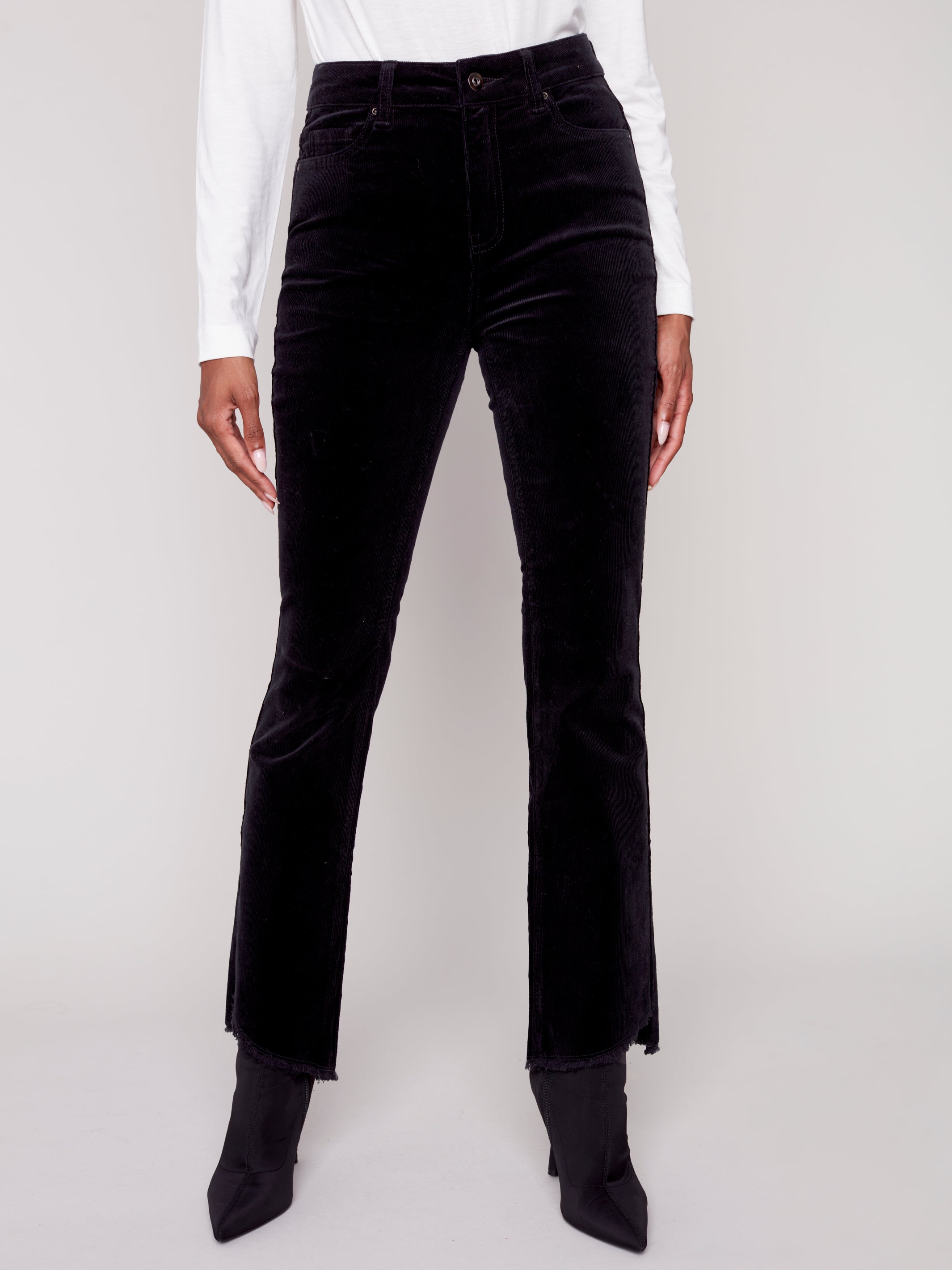 Charlie B Bootcut Corduroy Pants with Asymmetrical Fringed Hem - Black