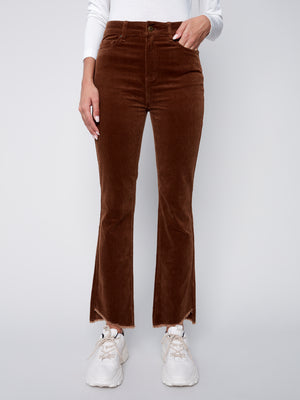 Charlie B Bootcut Corduroy Pants with Asymmetrical Fringed Hem - Truffle