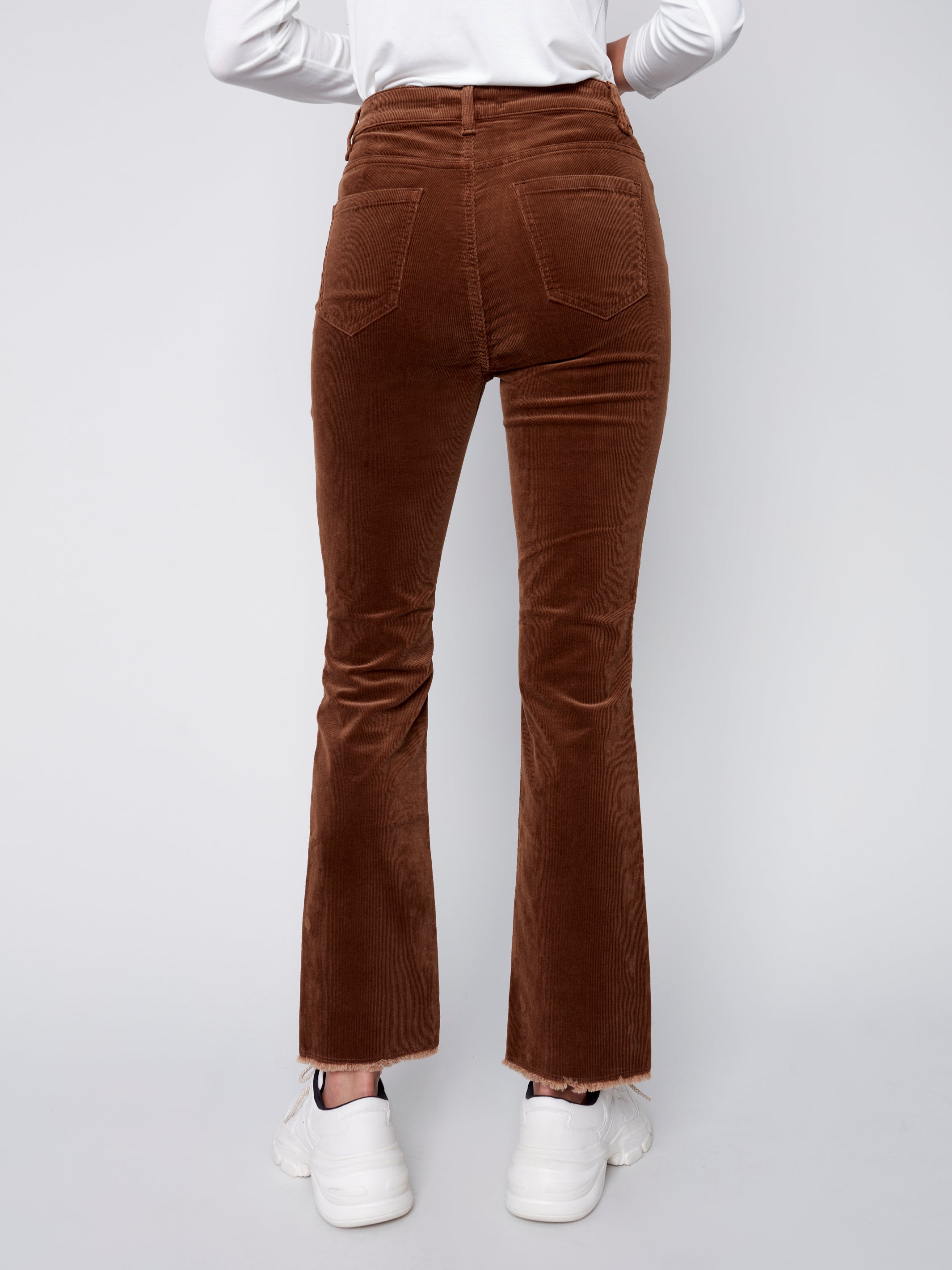 Charlie B Bootcut Corduroy Pants with Asymmetrical Fringed Hem - Truffle