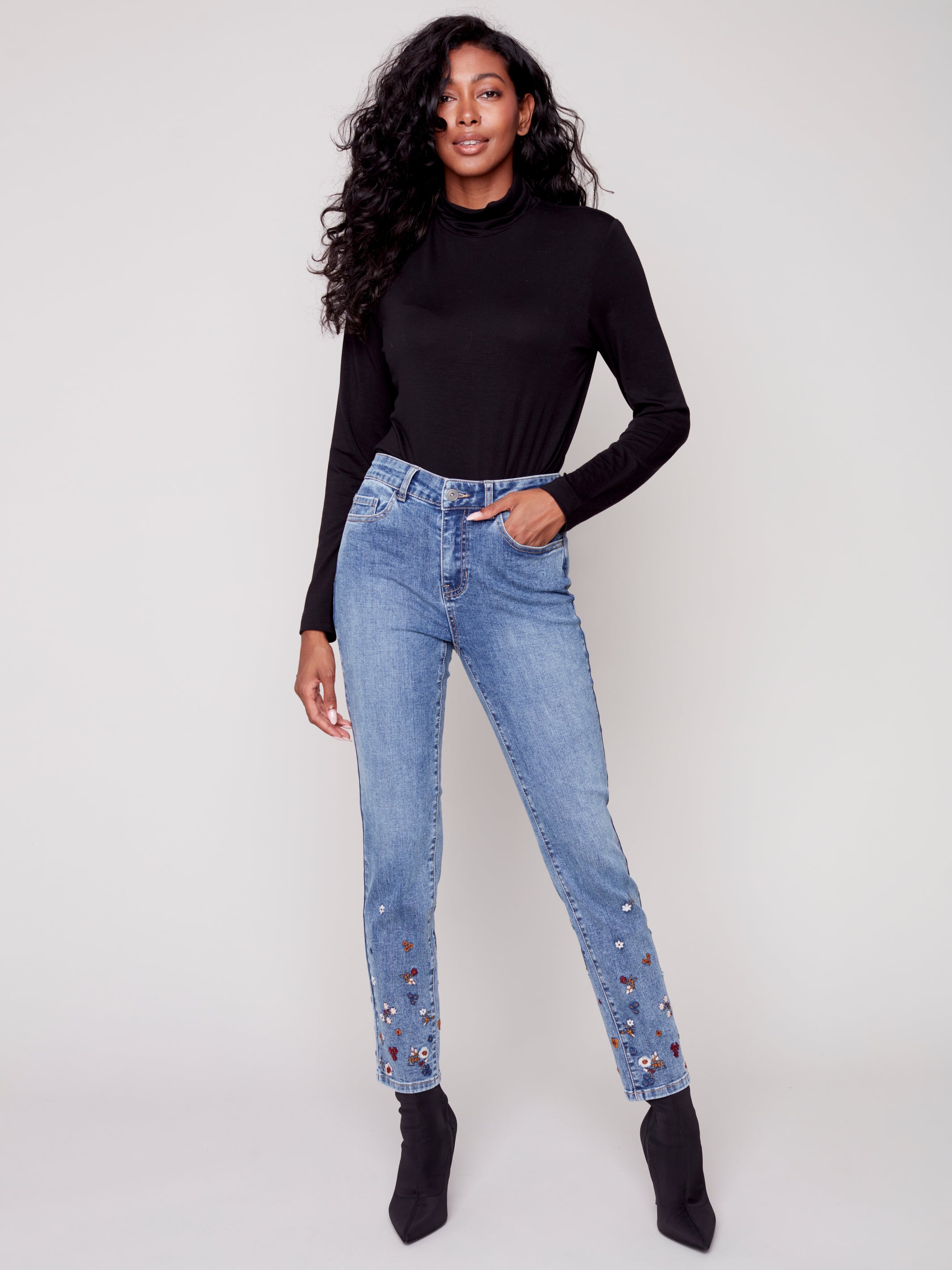 Charlie B Denim Jean with Embroidered Flower Hem