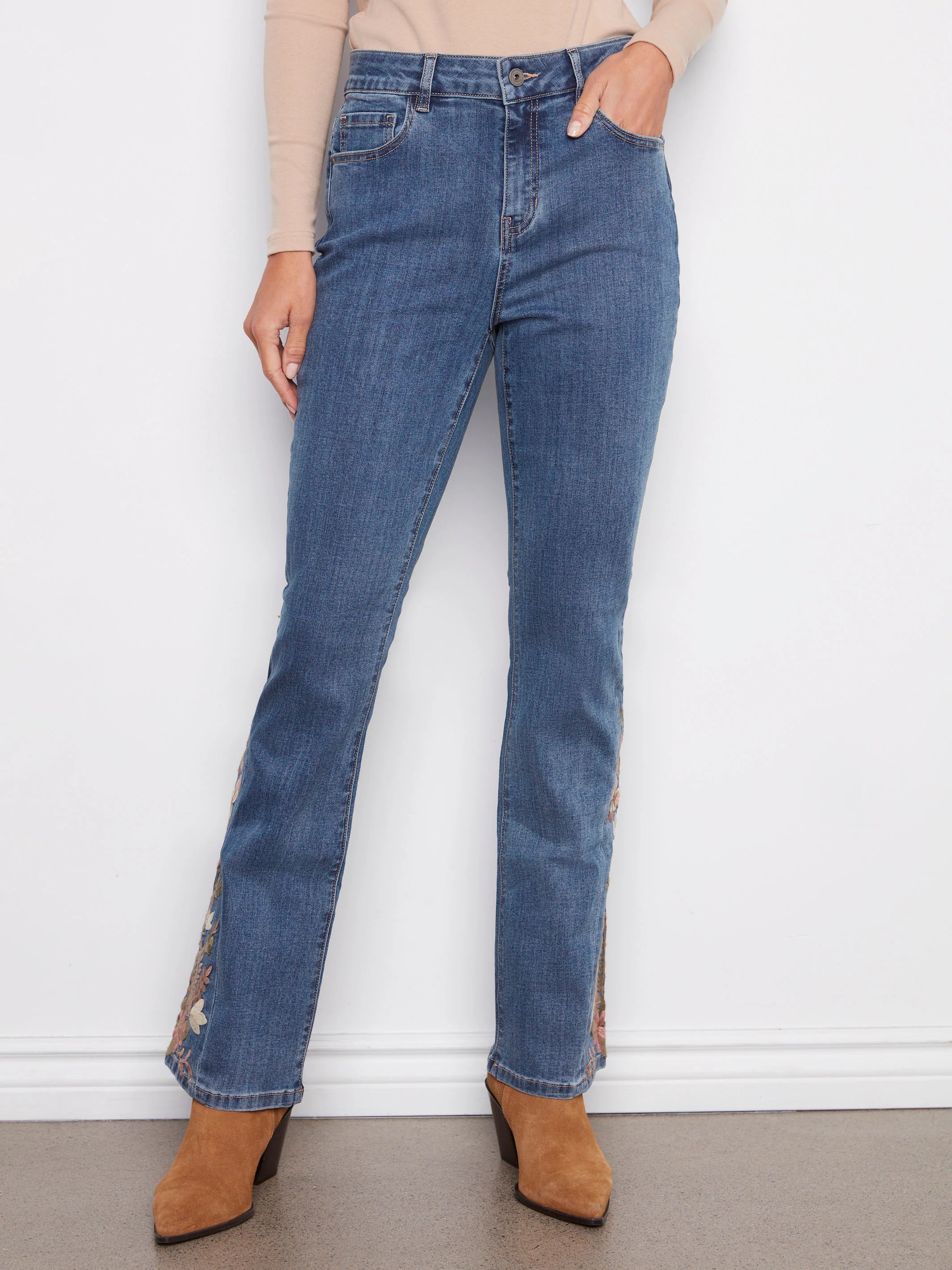 Charlie B Bootcut Jeans with Floral Embroidery - Medium Blue