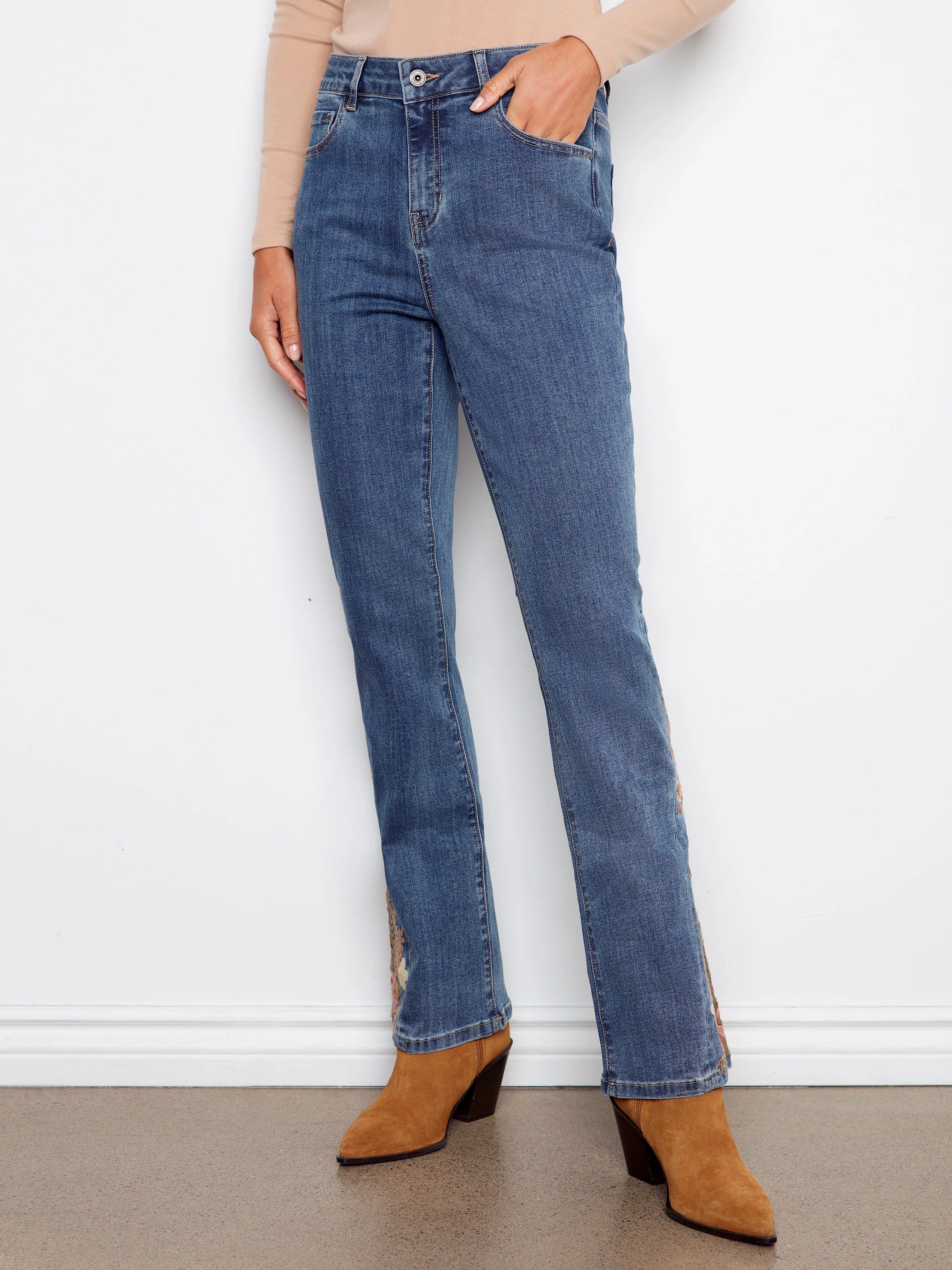 Charlie B Bootcut Jeans with Floral Embroidery - Medium Blue