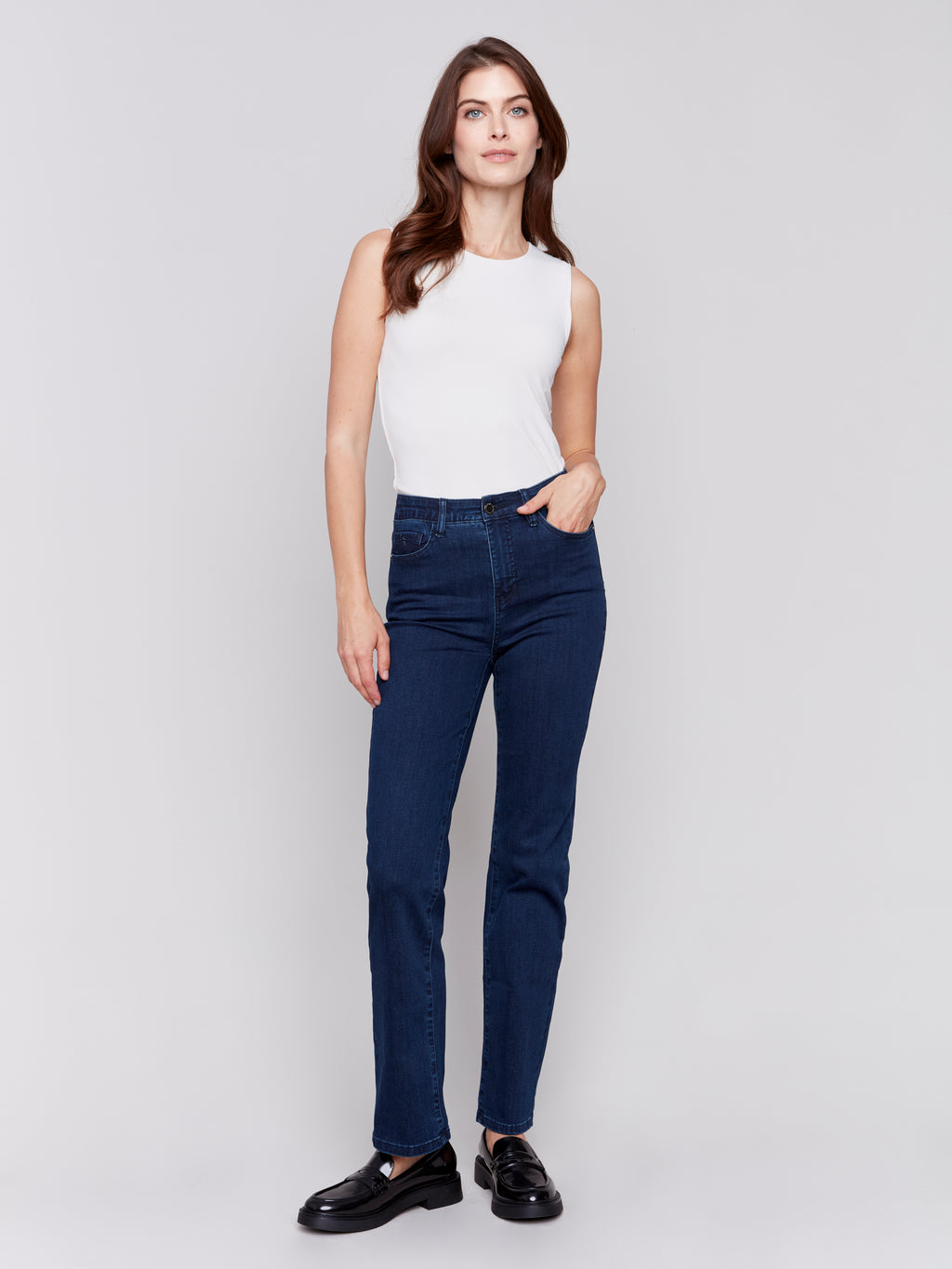 Charlie B Basic Straight Leg Pant with Elastic Waistband