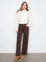 Charlie B Wide Leg Colored Twill Pants with All Over Front Embroidery - Coffee