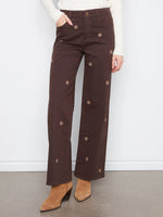 Charlie B Wide Leg Colored Twill Pants with All Over Front Embroidery - Coffee