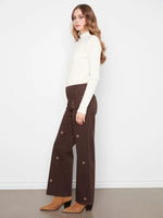 Charlie B Wide Leg Colored Twill Pants with All Over Front Embroidery - Coffee