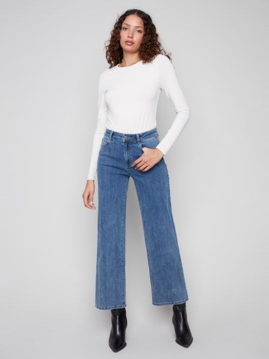 Charlie B Wide Leg Jeans With All-Over Hearts