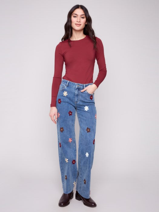 Charlie B Wide Leg Jeans with Flower Patches