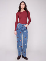 Charlie B Wide Leg Jeans with Flower Patches