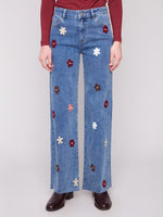Charlie B Wide Leg Jeans with Flower Patches