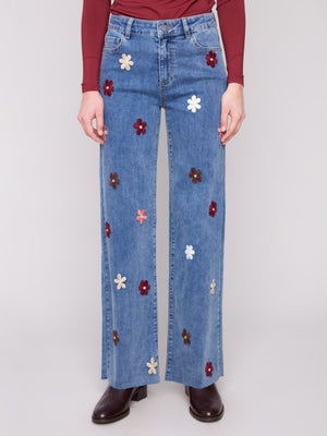 Charlie B Wide Leg Jeans with Flower Patches