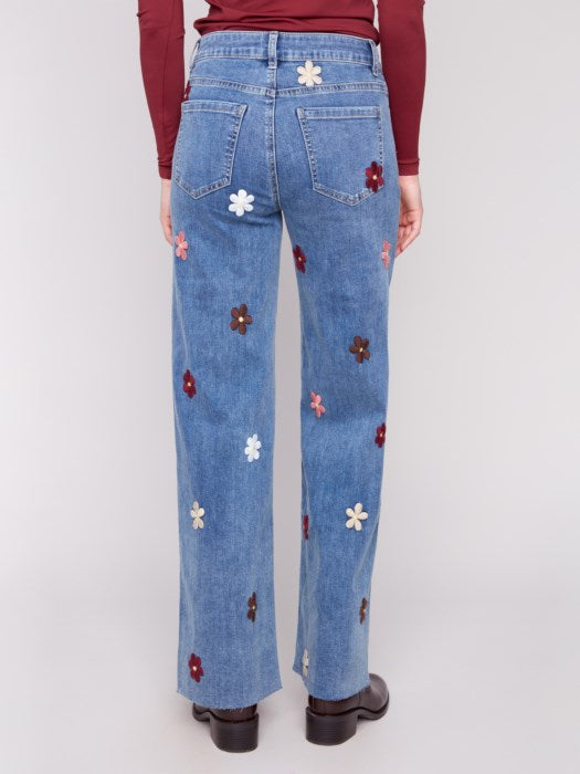 Charlie B Wide Leg Jeans with Flower Patches