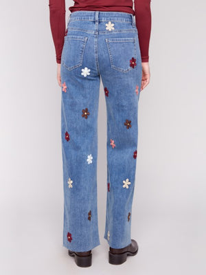 Charlie B Wide Leg Jeans with Flower Patches