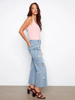 Charlie B Floral Embroidered Wide Leg Jeans - Light Blue