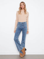 Charlie B Flare Leg Pants with Patch Pockets and All Over Embroidery